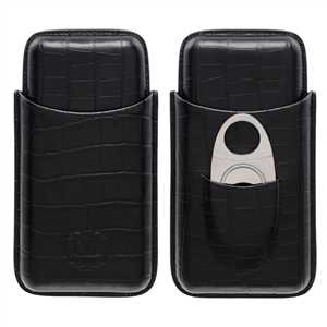 MYON 3PCS CIGAR-CASE WITH CUTTER REAL LEATHER BLACK