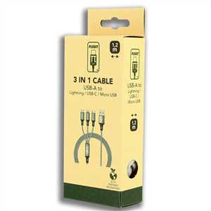 PLUGIT 3 IN 1 CABLE (USB-A TO MICRO USB/IPHONE/C) - 1,2M - GREY NYLON METAL HEAD