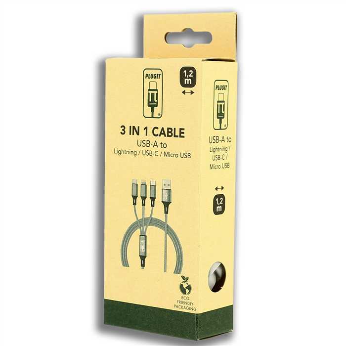 PLUGIT 3 IN 1 CABLE (USB-A TO MICRO USB/IPHONE/C) - 1,2M - GREY NYLON METAL HEAD