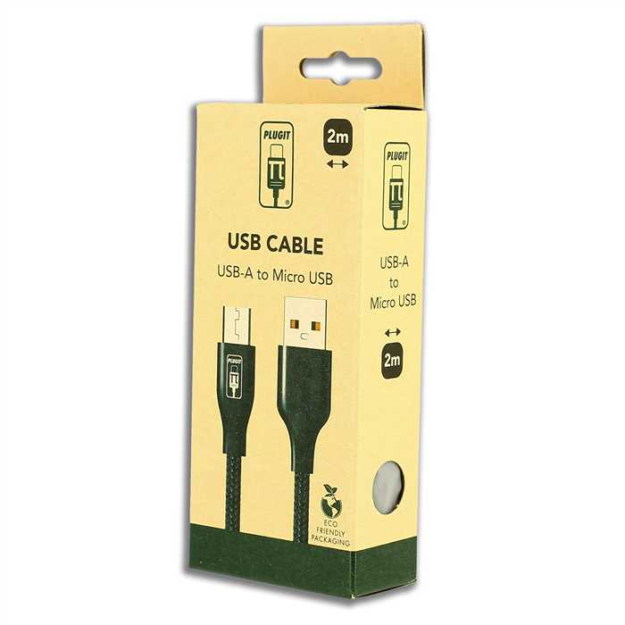 PLUGIT USB-A TO MICRO USB CABLE - 2M - BLACK NYLON PLASTIC HEAD