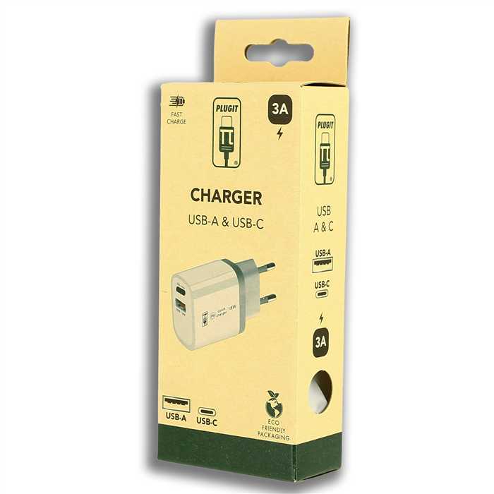 PLUGIT WALL CHARGER USB-C + USB-A - WHITE COLOR 5V/3A